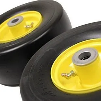 9x3.50-4 Flat Free Tire and Wheel Assemblies - Fits John Deere 38",48", 54"" AM115510, 4" Hub, 3/4" Caged Roller Bearings (Set of 4)