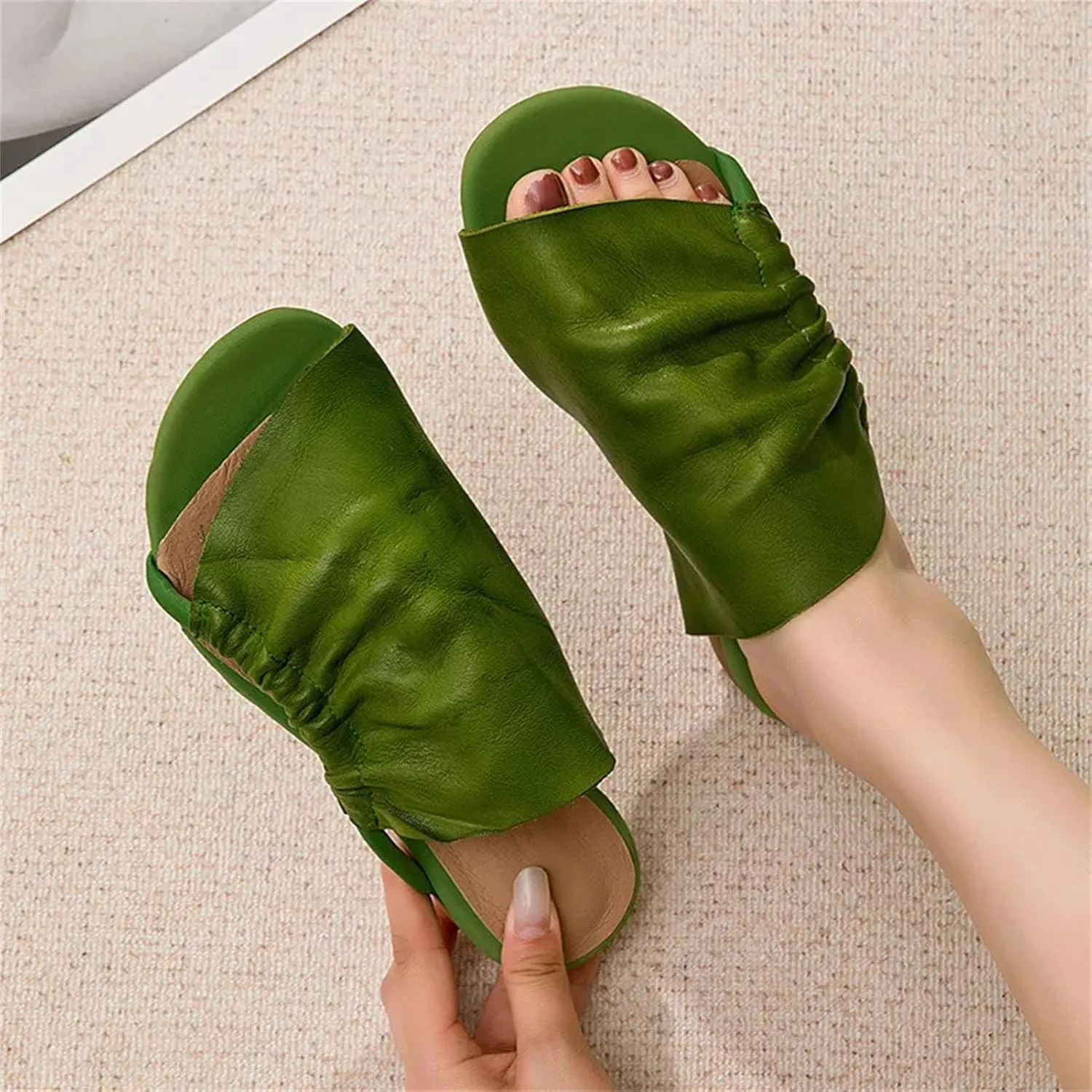 Women's Leather Hollow Flats - 2.5cm Peep Toe Summer Mary Jane Slippers