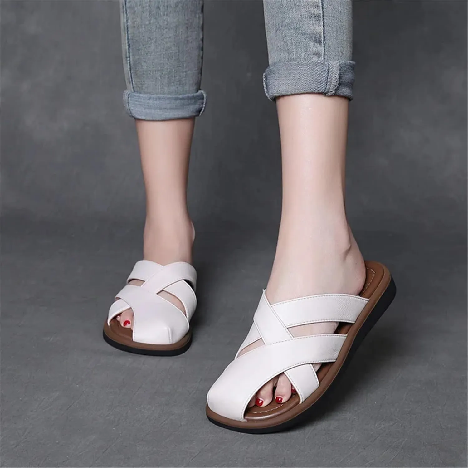Women's Weave Sheepskin Leather Flats - 2.5cm Platform Wedge Summer Peep Toe