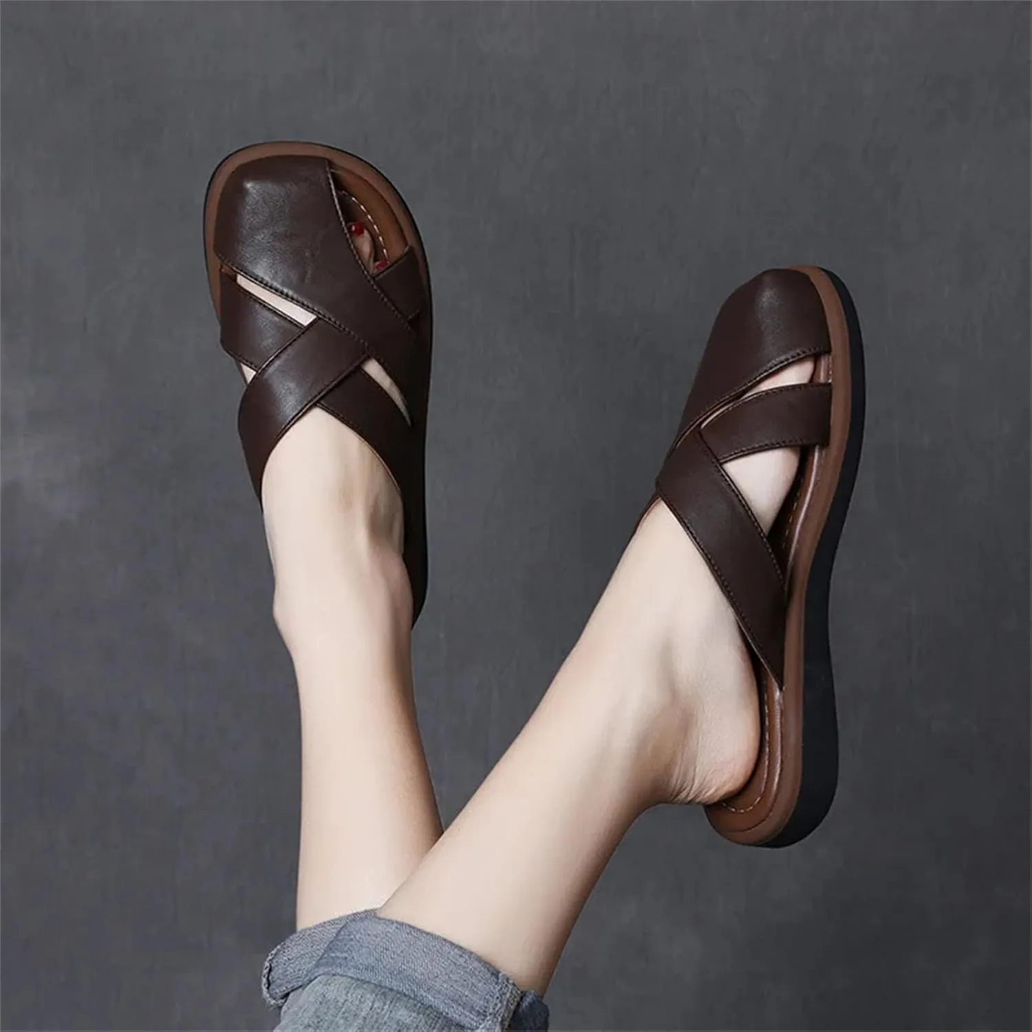 Women's Weave Sheepskin Leather Flats - 2.5cm Platform Wedge Summer Peep Toe